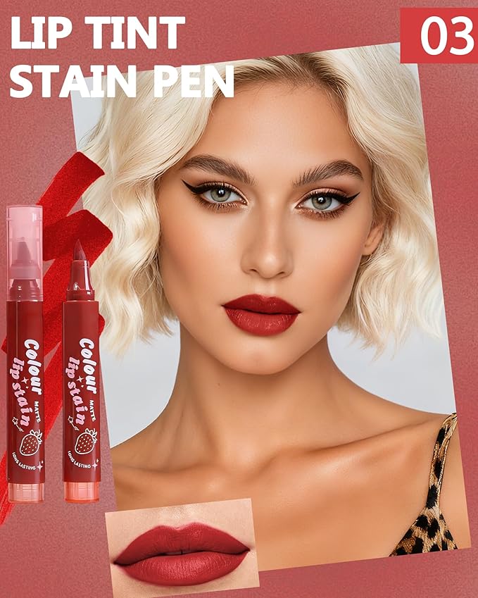 Lip Tint Stain Pen,Red Brown Waterproof Long Lasting Matte Lip Liner Stain Pencil, High-Pigmented Quick Dry Liquid Lipstick, Non Sticky Smudgeproof Lip Tint Gloss, Christmas Makeup Gift for Women-03