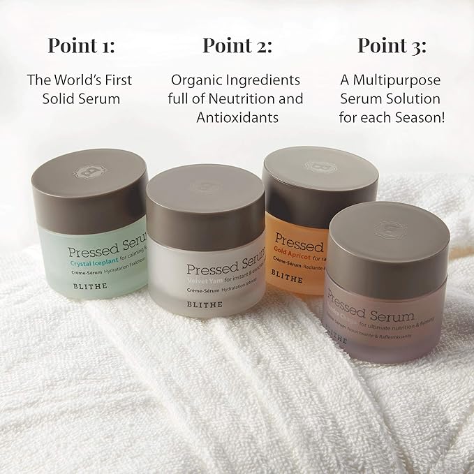 Blithe Pressed Serum Deluxe Collection Face Moisturizer - Hypoallergenic Facial Creams with Ingredients of Chaga Iceplant Yam & Apricot - Korean Beauty for All Seasons (Box Set 4pcs of 0.74 Fl Oz)