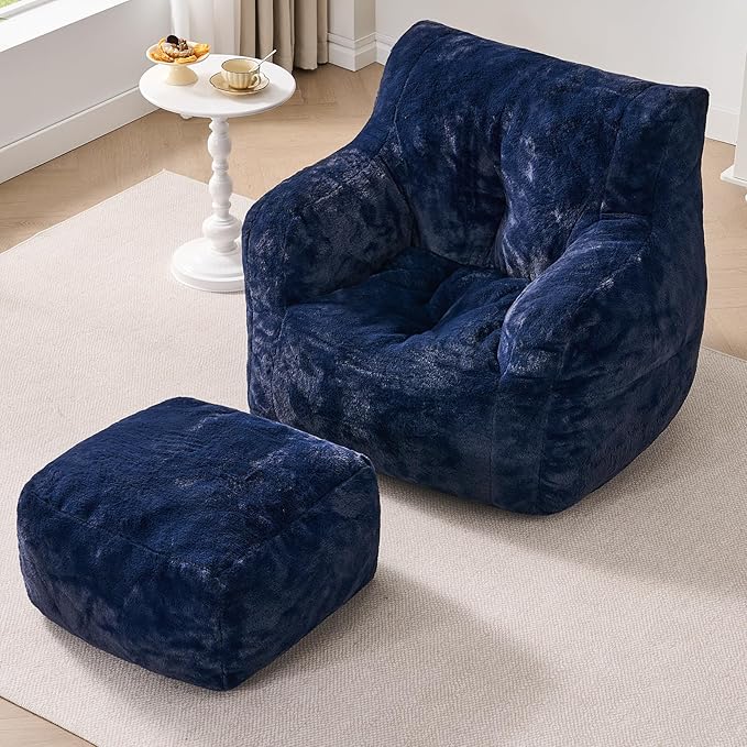ONBRILL Giant Bean Bag Chairs for Adults with Ottoman, Faux Fur Boneless Chaise Couch Filler with Memory Foam,Large BeanBag Lounge Lazy Floor Sofa Accent Chair for Living Room,Bedroom & Game Rooms