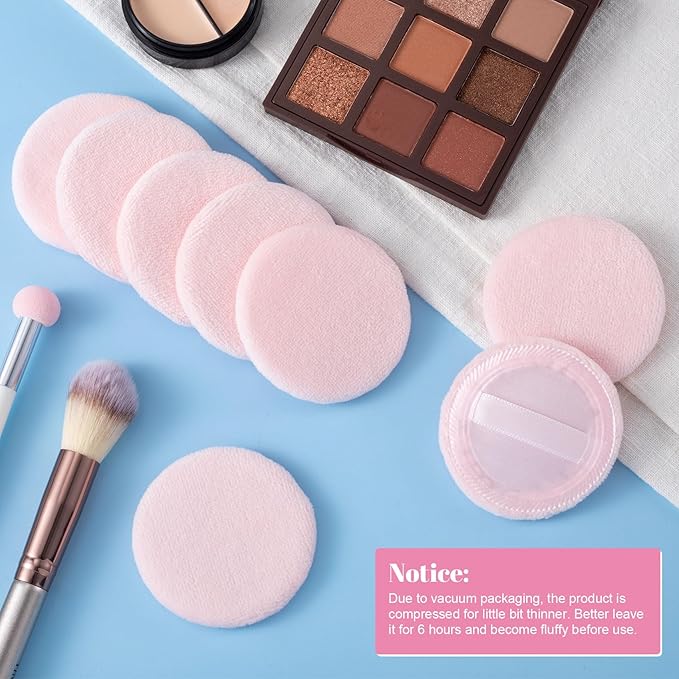 12 Pack 60mm Round Powder Puffs for Foundation Makeup Applicators, Soft Cotton Skin-Friendly Face Powder Sponge Velour Velet Puffs Pads for Cream Cosmetics- Pink