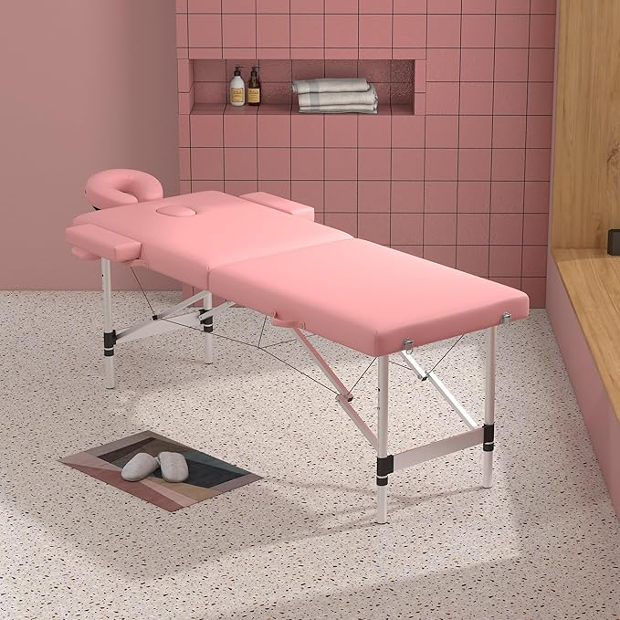 Massage Table Massage Bed, Portable 2 Section Foldable Tattoo Bed, Height Adjustable Lash Spa Bed with Face Cradle, Home Light Weight Facial Salon Bed with Aluminum Frame, Light Pink