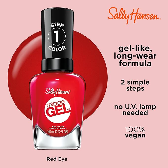 Sally Hansen Miracle Gel, Red Eye, Long Lasting, Gel-Like Formula, No UV Lamp Needed, Opaque, Shiny Red Nail Polish
