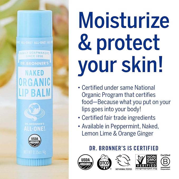 Dr. Bronner’s Organic Lip Balm 6-Pack (.15oz) Natural, Moisturizing, Petroleum-Free Lip Moisturizer with Beeswax & Avocado Oil for Dry Lips, Men & Women - Unscented