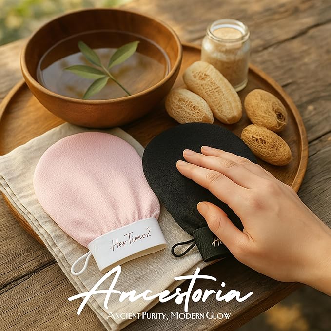 Ancestoria Korean Exfoliating Gloves for Shower, Pink and Black, 2-Pack, Deep Exfoliating Mitts for Body, Reusable and Chemical-Free, A HerTime2 Brand