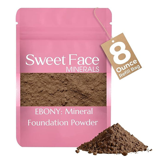 (8 Ounce) (EBONY) Foundation Powder Refill By Sweet Face Minerals, Lightweight Mineral Loose Makeup Powder with SPF 20, Full Coverage Flawless Finish, Talc-free, Cruelty-Free, Refillable Pouch