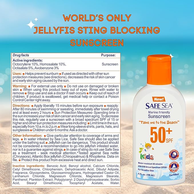 Safe Sea SPF50+ Kids sunscreen - Jellyfish and Sea lice protective lotion. Very Water Resistant, Sensitive skin Reef-Safe Sunscreen. Oxybenzone and Octinoxate free, Paraben free, 4 fl. Oz. Pack of 2