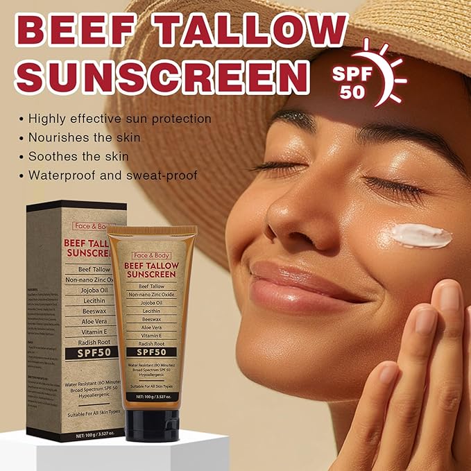 Beef Tallow Sunscreen with Zinc Oxide for Body Facial, Non-Toxic Natural Mineral Sunscreen Reef Safe Sunblock SPF 50,Clean Non-Greasy (For Sport or Daily Use), 3.5 OZ