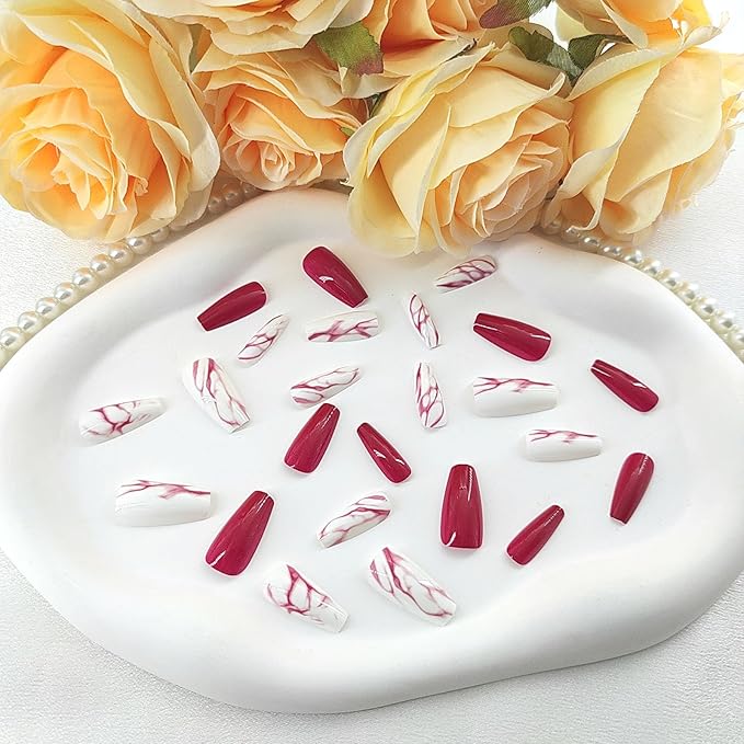 Coffin Press on Nails Medium Glossy Fake Nails with Lines Gradient Design Glue on Nails Red Full Cover False Nails Cute Acrylic Nails Artificial Coffin Nails Press ons for Girls 24Pcs