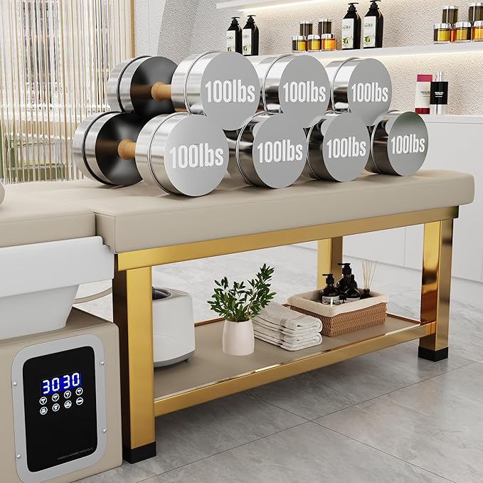 Hair Washing Head Spa Stationary Massage Table with Water Cycle & Fumigation Salon Equipment for Beauty Head Spa Physical Therapy Massage, Stainless Steel Gold Color-Plated Frame, PU Beige Gray