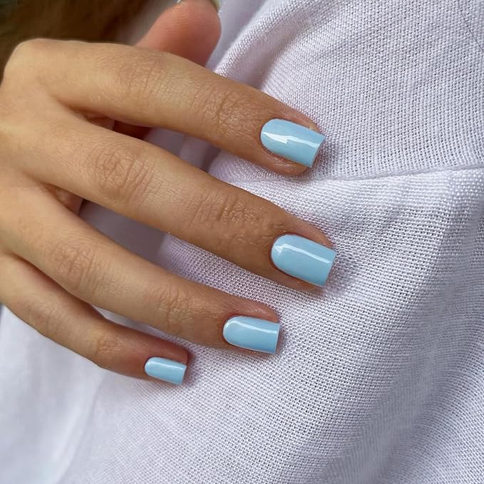 48Pcs Baby Blue Press on Nails Short Square Fake Nails, Glue on Nails Short Gel Nails Press ons, Acrylic Nails Stick on False Nails for Women, Natural Handmade Thick Extra Short Nails Small Petite