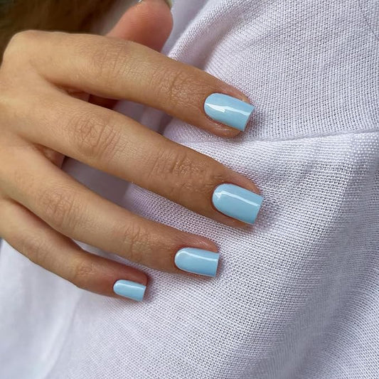 48Pcs Baby Blue Press on Nails Short Square Fake Nails, Glue on Nails Short Gel Nails Press ons, Acrylic Nails Stick on False Nails for Women, Natural Handmade Thick Extra Short Nails Small Petite