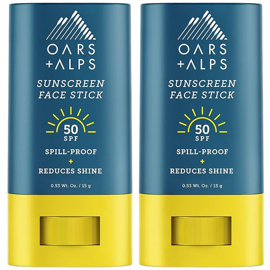 Oars + Alps Matte Face Sunscreen Stick, SPF 50 Travel Sunscreen Roll On for Face & Body, Fragrance Free, Water & Sweat Resistant Sunblock, All Skin Types, Dermatologist Tested, Moisturizing, 2pk