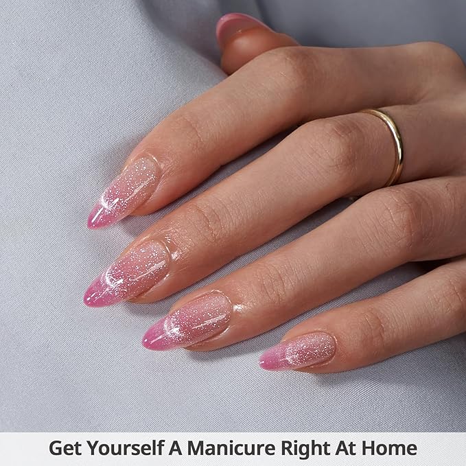 BTArtbox Almond Press On Nails Medium - Lamp-Curable Pink Cat Eye Press On Nails with Glue for Women, Semi-Transparent Soft Gel Glue On Nails in 15 Sizes - 30 Stick On Nails Kit, Rosy Dew