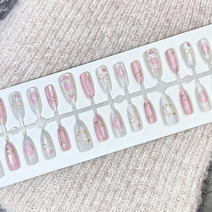 30Pcs Pink Press on Nails Medium Almond Fake Nails with Glitter Designs Stick on Nails Cute Heart Bow False Nails Gold Star Acrylic Nails Full Cover Glue on Nails for Women Nail Decoration Supplies