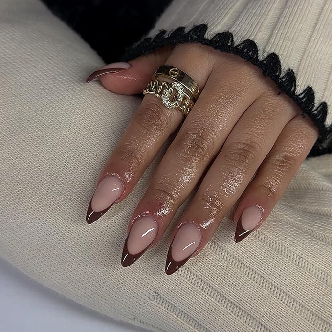 30Pcs Brown French Tip Press on Nails Short Almond Nails Press ons, Short Fake Nails Almond Shaped Acrylic French Glue on Nails False Nail for Women, Natural Stiletto Nail 15 Sizes