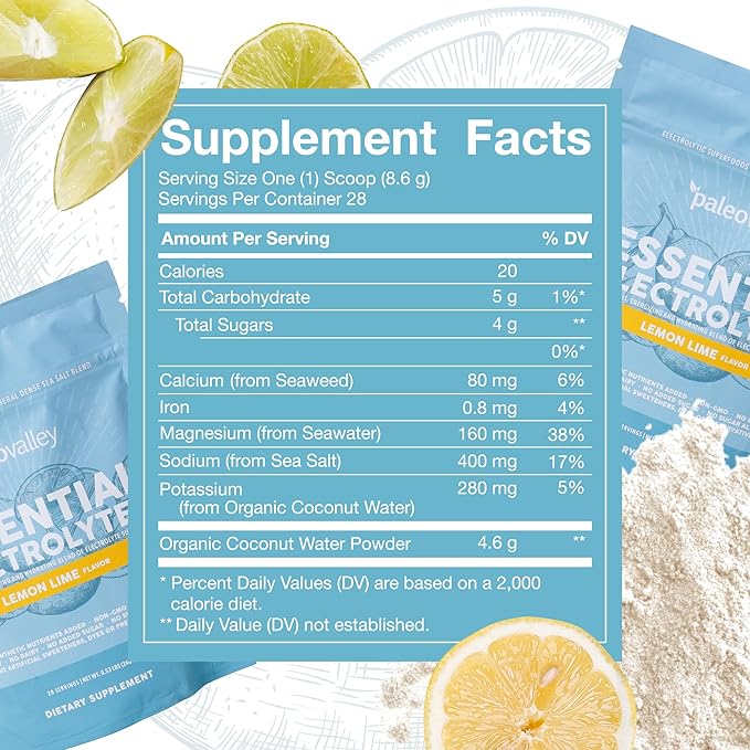 Paleovalley Essential Electrolytes Powder - Full Spectrum Lemon Lime Electrolyte Powder for Hydration, Energy and Muscle Recovery - No Sugar Added - 28 Servings