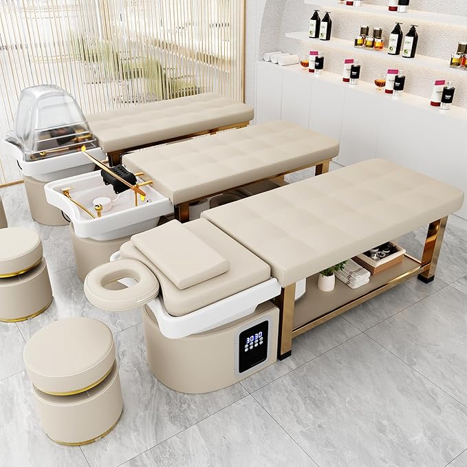 Olela Head Spa Bed, Head Spa Equipment with Water Circulation & Steam Fumigation, Spa Shampoo Bed with ABS Basin, Professional Massage Table with PU Leather for Barbershop, Salon, Massage