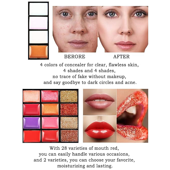 Professional Makeup Palette Set, 36 Colors Eyeshadow + 28 Lip Glosses + 4 Concealer Powder + 3 Blushers + 2 Contouring + 1 Highlight + 3 Brushes + Mirror, Make Up Palette Set