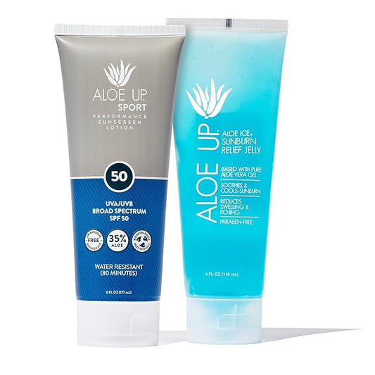 Aloe Up Sport Sunscreen Lotion SPF 50 and Aloe Ice Sunburn Relief Jelly - Bundle with Sun Screen Protector for Face and Body and After Sun Gel - With Pure Aloe Vera Gel - Reef Friendly - 2 Items