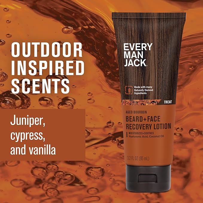 Every Man Jack Beard + Face Recovery Lotion - Moisturizes Relieves Dry Skin and Beard Itch - Light Aged Bourbon Scent - Made w/Naturally Derived Ingredients like Coconut Oil, and Witch Hazel - 3.2 oz (2 Pack)