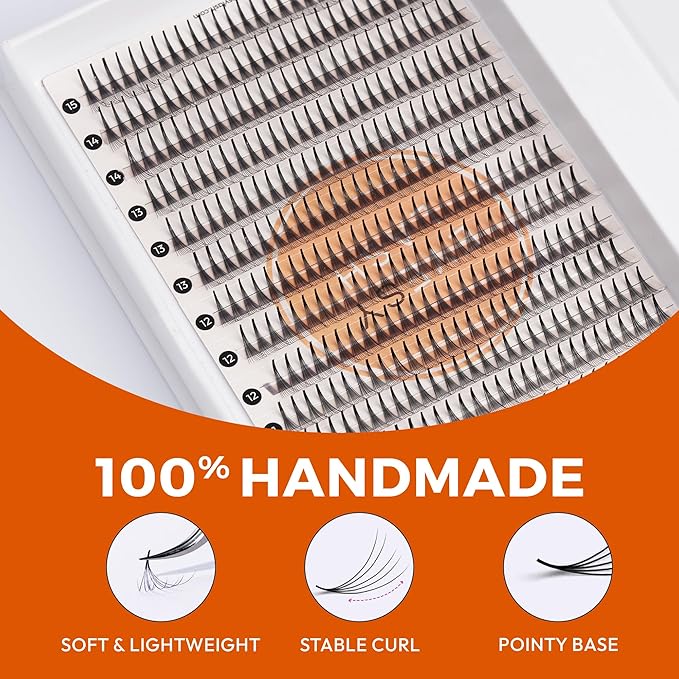 Eyesy Lash 448 Narrow Promade Fans - 10D 0.07mm Thickness CC Curl 9-15mm Mixed Lengths - Mega Volume Eyelash Extension Long Stem Narrow Premade Lash Fans Fluffy Pre Made Eyelash Extension Trays
