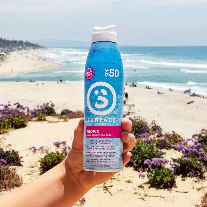 Surface Sunscreen Spray SPF 50 for Body, Lightweight Natural Formula, Reef Friendly, Broad Spectrum UVA UVB Protection, Water Resistant Sun Care for 80 Minutes Outdoor Use, Tropical Scent, 6oz