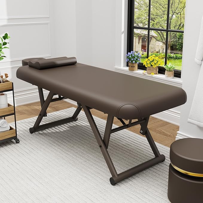 pouseayar Adjustable Massage Table with Face Pillow & Headrest, Sturdy and Solid, Silent and Easy to Adjust - Fixed Backrest, Brown