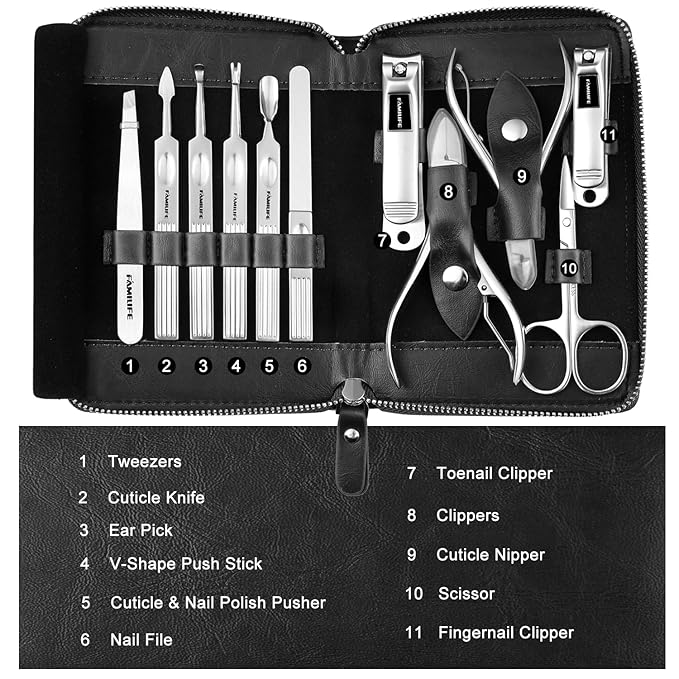 Manicure Kit, FAMILIFE Professional Manicure Set Nail Kit, 11 in 1 Stainless Steel Nail Clippers Set for Men Pedicure Kit, Men Grooming Kit with Portable Black Leather Travel Case Luxury Gifts for Him