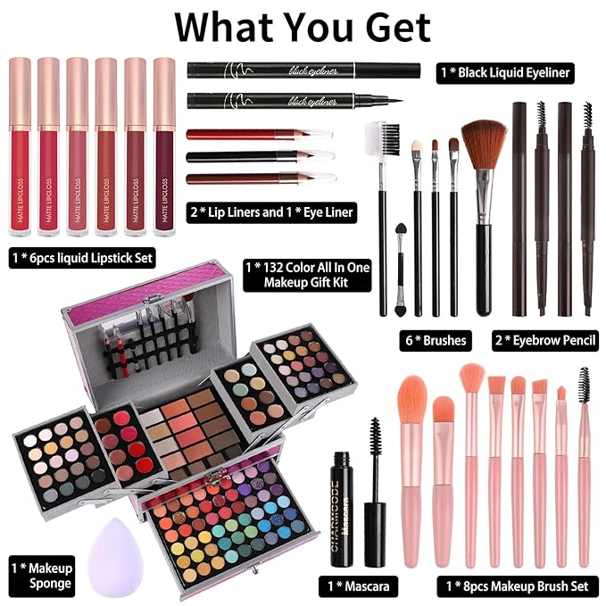 Makeup Gift Set For Women Girls, All in One Full Makeup Kit with Eyeshadow, Lip Gloss, Concealer, Blush, Contour, Highlighter Brushes Liquid Lipsticks Eyebrow Pen Mascara Eyeliner Pencil (Cerise Set)