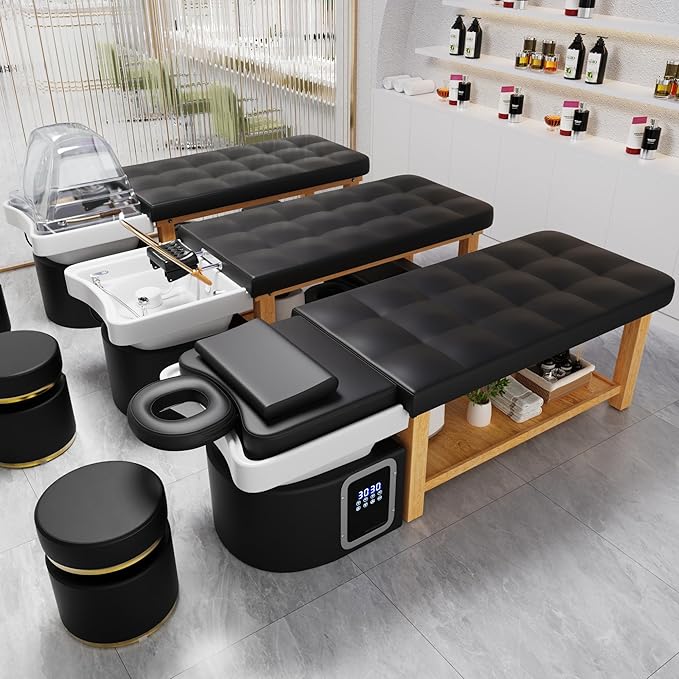 Hair Washing Head Spa Stationary Massage Table with Water Cycle & Fumigation Salon Equipment for Beauty Head Spa Physical Therapy Massage, Wood Frame, PU Leather - Black
