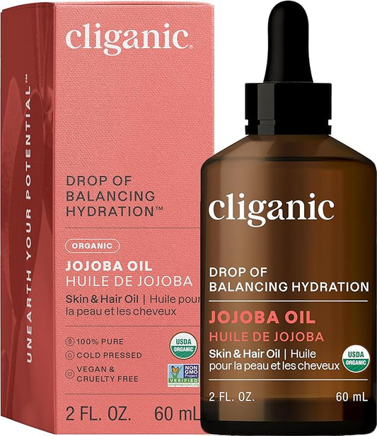 Cliganic Organic Jojoba Oil, 100% Pure (2oz) | Natural Cold Pressed Unrefined Hexane Free Oil for Hair & Face | Base Carrier (Packaging May Vary)