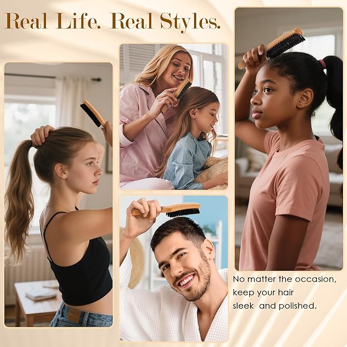 Slick Back Hair Brush for Women Men Kid, Natural Soft Boar Bristle Hair Brush for Thin & Fine Hair, Smoothing Hairbrush for Polishing, Deepening & Styling