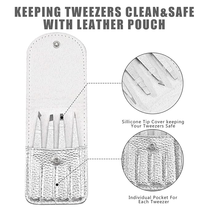 Eyebrow Tweezer Set, 4 Pcs Professional Stainless Steel Tweezers for Women, Precision Tweezer for Facial Hair, Splinter and Ingrown Hair Removal（Bright silver）