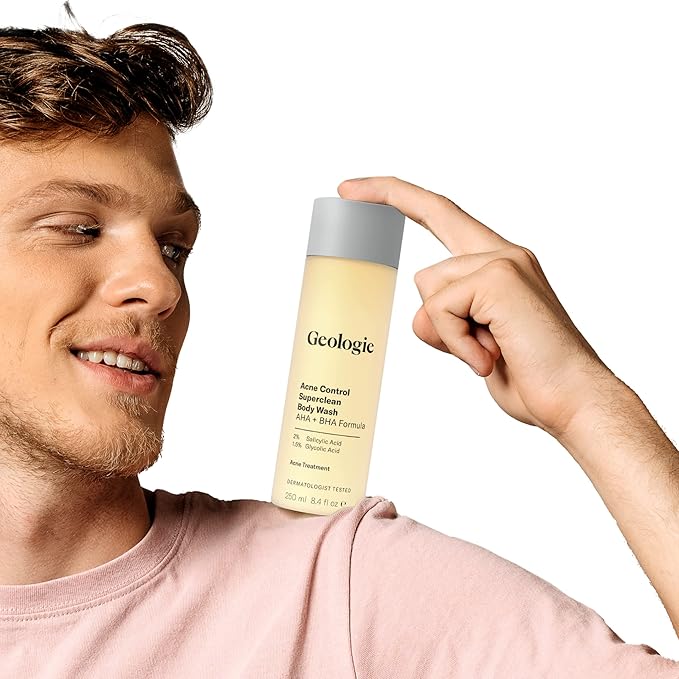 Geologie Acne Control Body Wash | Exfoliating AHA + BHA Cleanser for Men & Women | Reduces Bacne & Body Breakouts | Salicylic Acid + Glycolic Acid | 8.4 Fl Oz