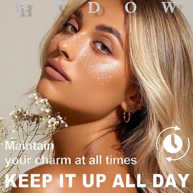 Glitter Freckles, Holographic Face and Body Glitter Tattoo Sparkle for Women Gold Glow Cosmetic Star Makeup Accessories for Festival Rave (12pcs Silver)