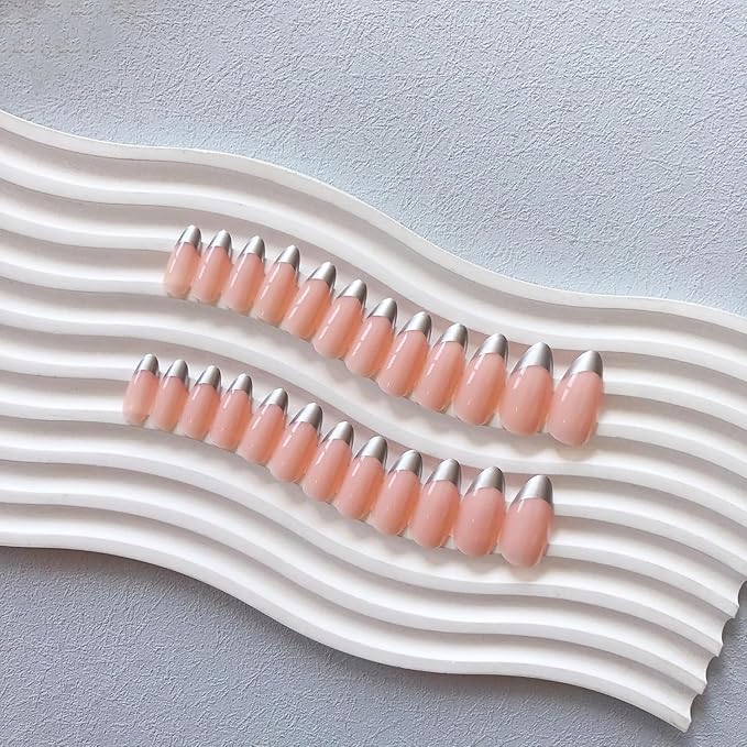 Silver French Tip Press On Nails Short Almond, Medium Fake Nails French Nails Press ons Acrylic Nails Glue on Nails Medium, Natural Short Almond Nails False Nails for Women in 12 Sizes 24 Pcs
