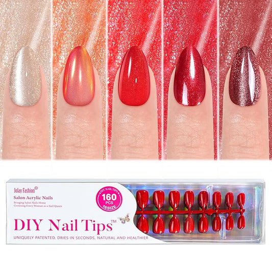 Cat Eye Press on Nails Short - Jofay Fashion 5 Styles Valentines Red Short Almond False Nails with Cherry Glaze Glitter Designs, Acrylic False Nails Reusable Full Cover Stick on Fake Nails, 32 Sizes