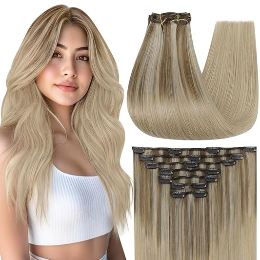 Full Shine Human Hair Extensions Blonde 14 Inch Teddy Bear Blonde Balayage Real Hair Extensions Clip in Human Hair 120 G 7 Pcs
