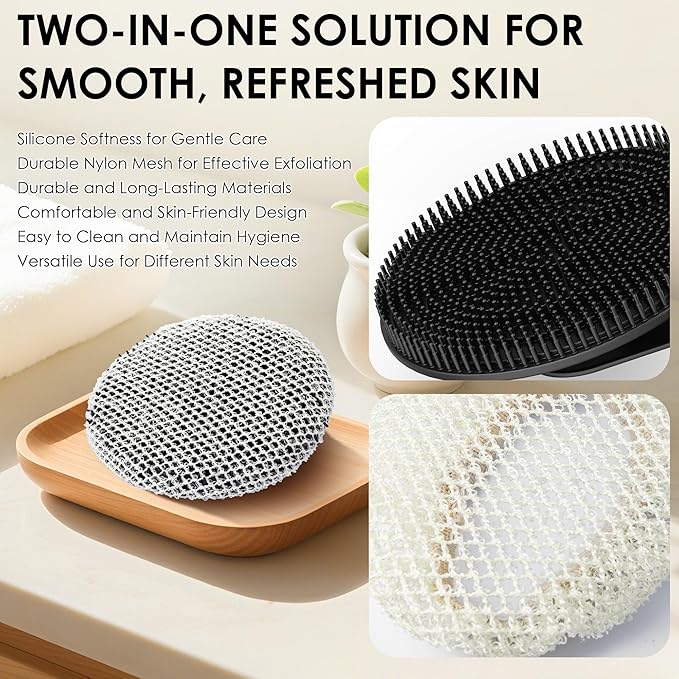 INNERNEED Food-Grade Silicone Body Scrubber Gentle Cleansing Brush with Exfoliating Net Sponge Bath Scrubbing Washcloth Case, More Hygienic and Well Lather (Black Set)
