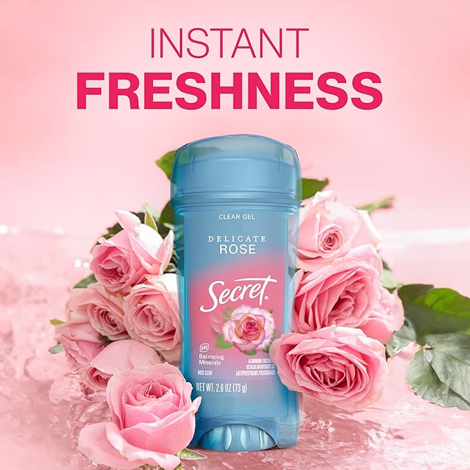 Secret Fresh Antiperspirant Deodorant for Women, 72hr Breathable Sweat & Odor Protection, Instant Freshness & Gentle, PH Balancing Minerals, Clear Gel, Delicate Rose Scent, 2.6 oz (Pack of 2)