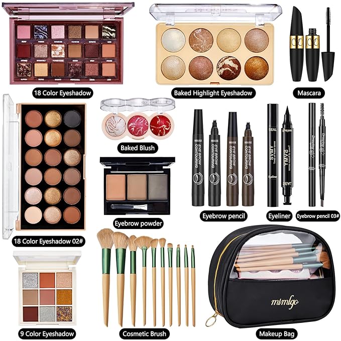 All In One Makeup Kit for Women, Travel Makeup Kit, Make Up Sets Valentine's Day Gift, Includes Eyeshadow Palette Highlighter Contour Blush Eyeliner Eyebrow Powder Mascara Cosmetic Brushes Makeup Set