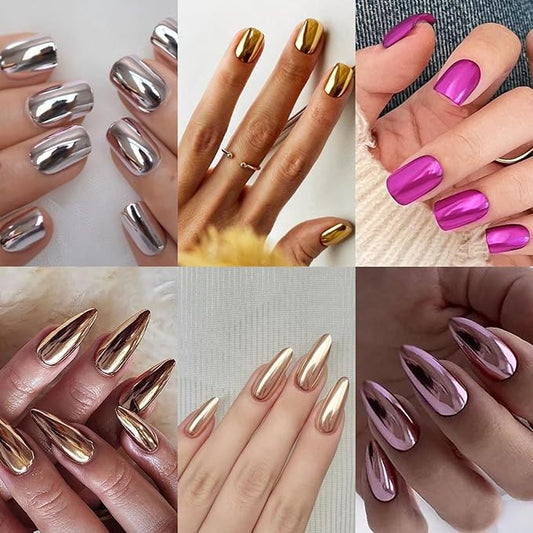 6 Packs (144 Pcs) Press on Nails, Short Press on Nails Square, Almond Press on Nails Medium, Chrome Fake Nails Metallic Glue on Nails Gel False Nails for Women, Stick on Nails Kit 12 Sizes-6 Styles