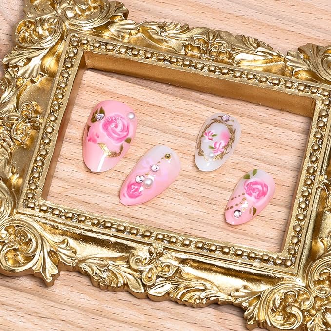 24Pcs Flower Press on Nails Almond Short Fake Nails with Pearl Rhinestones Design Handmade Acrylic Nails Pink Rose Glue on Nail 3D Gold Chrome French Tip False Nails Cute Floral Bow Artificial Nail