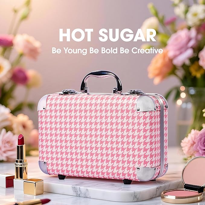 Hot Sugar All In One Makeup Set for Adults and Girls-Full Makeup Kit for Beginners Includes Eye Shadow Palette Blush Lip Gloss Lipstick Lip Pencil Eye Pencil Brush Mirror (Pink Houndstooth)