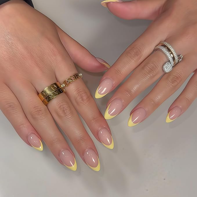 30 Pcs Yellow French Tip Press on Nails Short Almond, Acrylic Fake Nails with Glue Medium Stiletto Shape, Acrylic Natural Glue on Nails for Women, 15 Sizes
