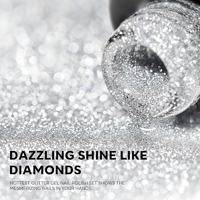 modelones Glitter Gel Nail Polish Set, 6 Colors Fall Winter Dark Red Pink Silver Gold Black Gel Polish Kit Shimmer Sparkle Reflective LED Soak Off Manicure Art Kit Home DIY Salon Gift for Women