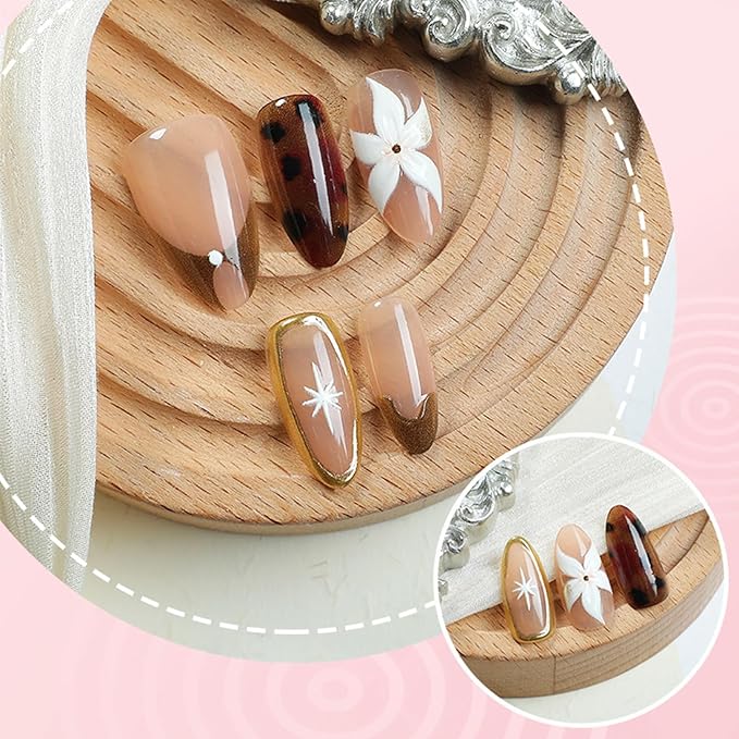 30Pcs Almond Press on Nails Medium Fake Nails with 3D Flower Designs French Tip Cheetah Print Nails Glossy Brown Acrylic False Nail Tortoiseshell Artificial Glue on Nail for Women