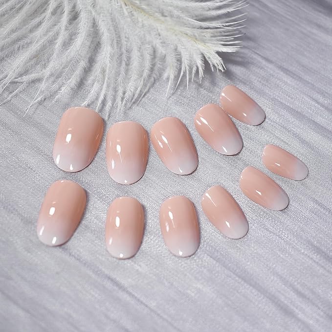 Press On Nails Nude Pink White Gradient French False Nail Art Tips Salon Women Girls DIY Manicure Reusable Acrylic Medium Length Almond Stick On Fake Nails for Daily Office Home Party