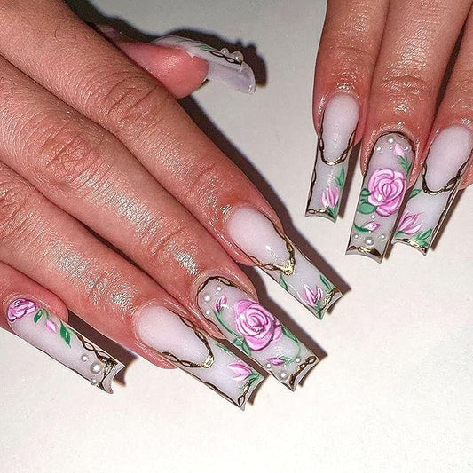 Extra Long Press on Nails Coffin False Nails Purplr Flower Golden Lines Design Pearl Glue on Nails White Acrylic Nails Press ons Glossy Fake Nails Long Coffin Stick on Nails for Women 24Pcs