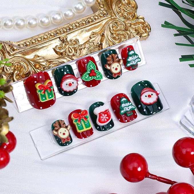 24Pcs Christmas Press on Nails Petite Short Square Fake Nails 3D Santa Claus Reindeer Design Winter Glue on Nails Xmas Tree Rhinestones Full Cover False Nail Cute Artificial Acrylic Nail Supplies Kit